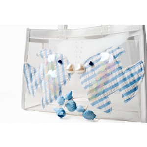 Borsa in plastica trasparente con pesciolini in tessuto e perle